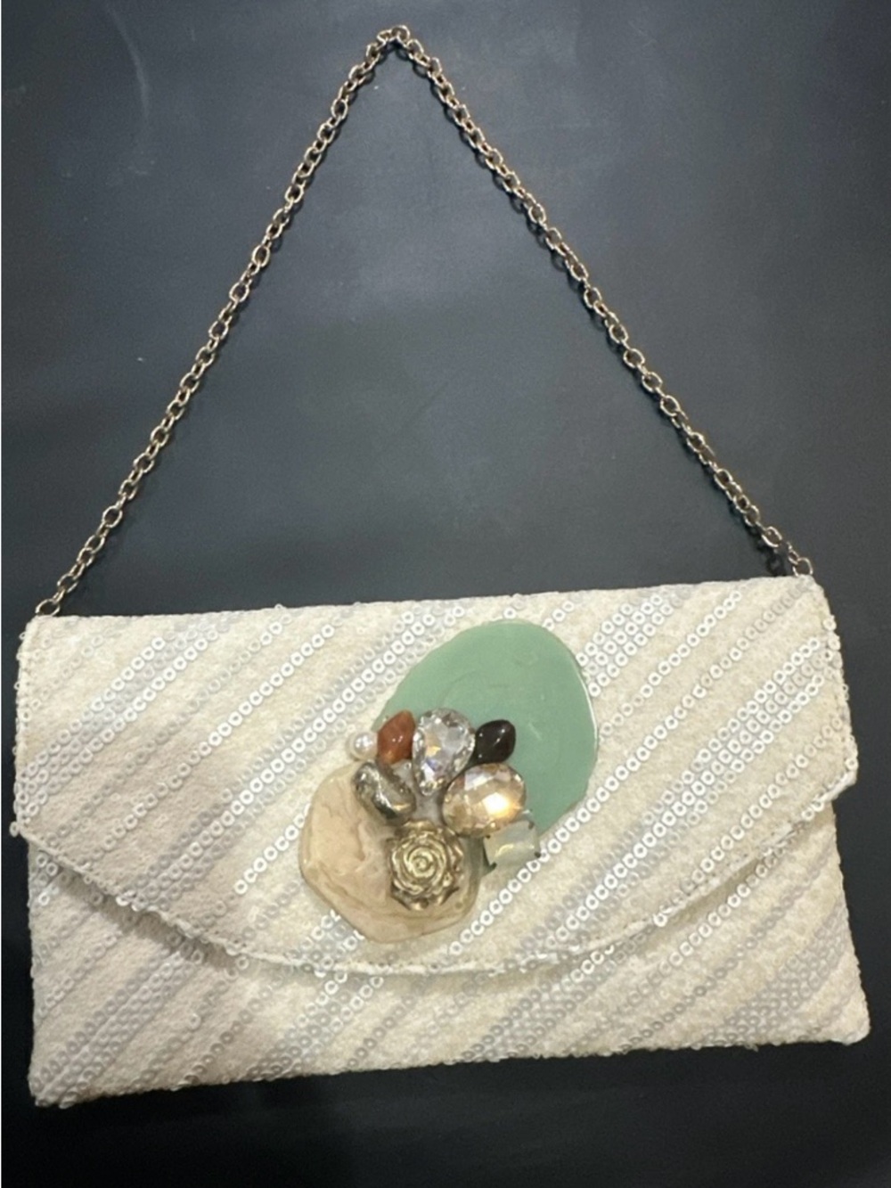 Elegant Ivory Sequin Clutch with Gemstone Accents